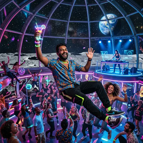 Moon Party: South Asian Man Celebrating in Futuristic Zero Gravity Club