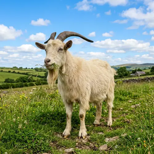 Cream-Colored Domestic Goat in Rocky Terrain Field