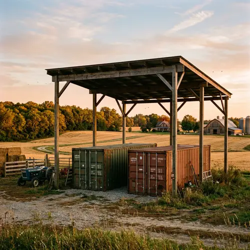 Rustic Shipping Containers in Serene Rural Farm Setting