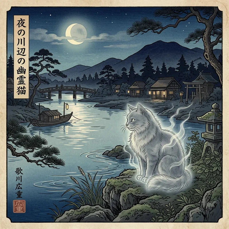 Ghostly Fluffy Grey Cat by River - Traditional Japanese Moonlit Night Art