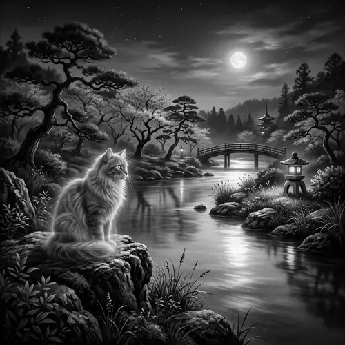 Ghostly Fluffy Grey Cat by Serene Moonlit River | Japanese Art Inspiration
