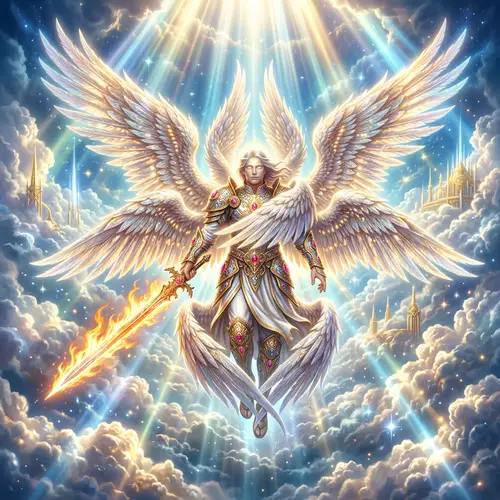 Detailed Image of Seraph with Flaming Sword in Divine Setting