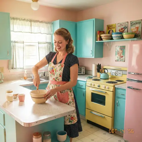 Charming 1950s Housewife in Retro Americana Kitchen