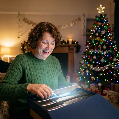 Joyous Customer Unwrapping Gleaming Culinary Blades | Festive Room Scene