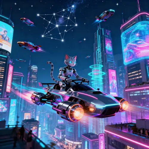 Futuristic Robotic Feline in a Dazzling Cityscape