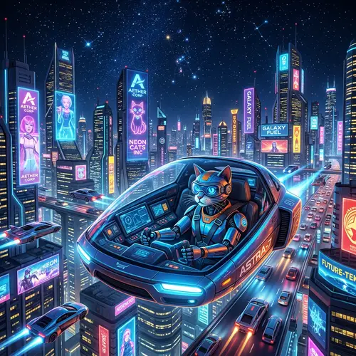 Futuristic Robotic Feline in a Dazzling Cityscape