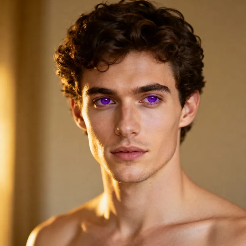 Man with Curly Hair and Purple Eyes