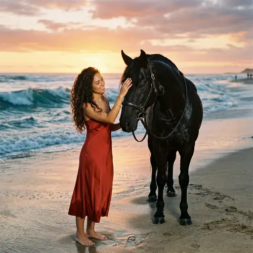 Hispanic Woman in Red Dress with Majestic Horse