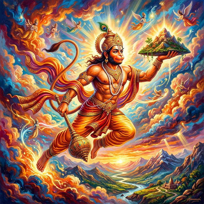 Majestic Hanuman Ji Soaring Through Skies Traditional Hindu Art AI 