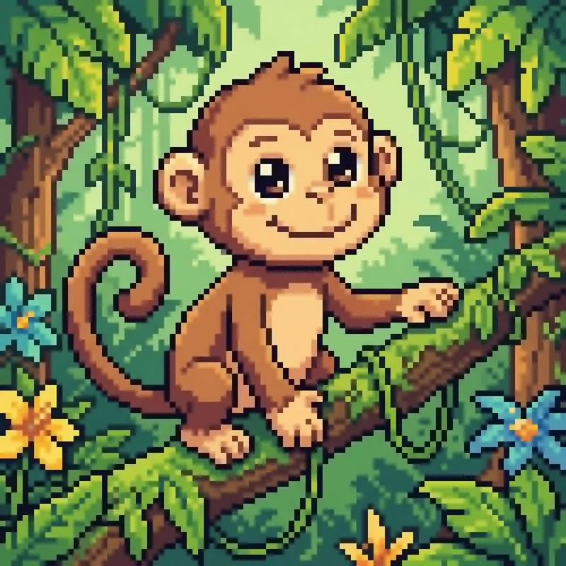 Pixel Art Monkey in a Cheerful Tropical Jungle Setting
