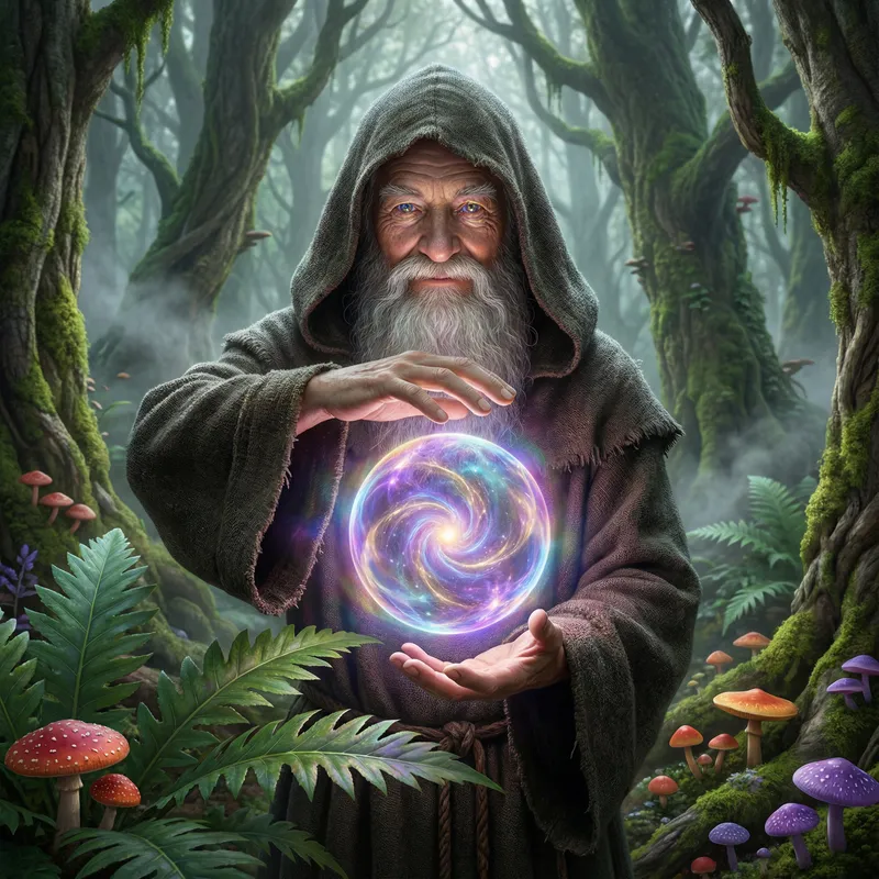 Enchanting Wizard in a Magical Forest Scene