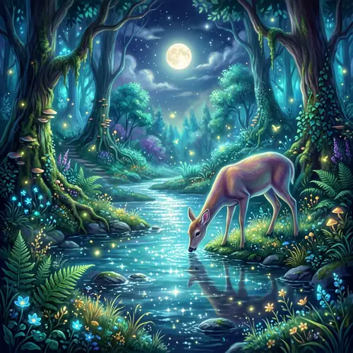 Mystical Forest Scene: Vibrant Deer Drinking from Sparkling River