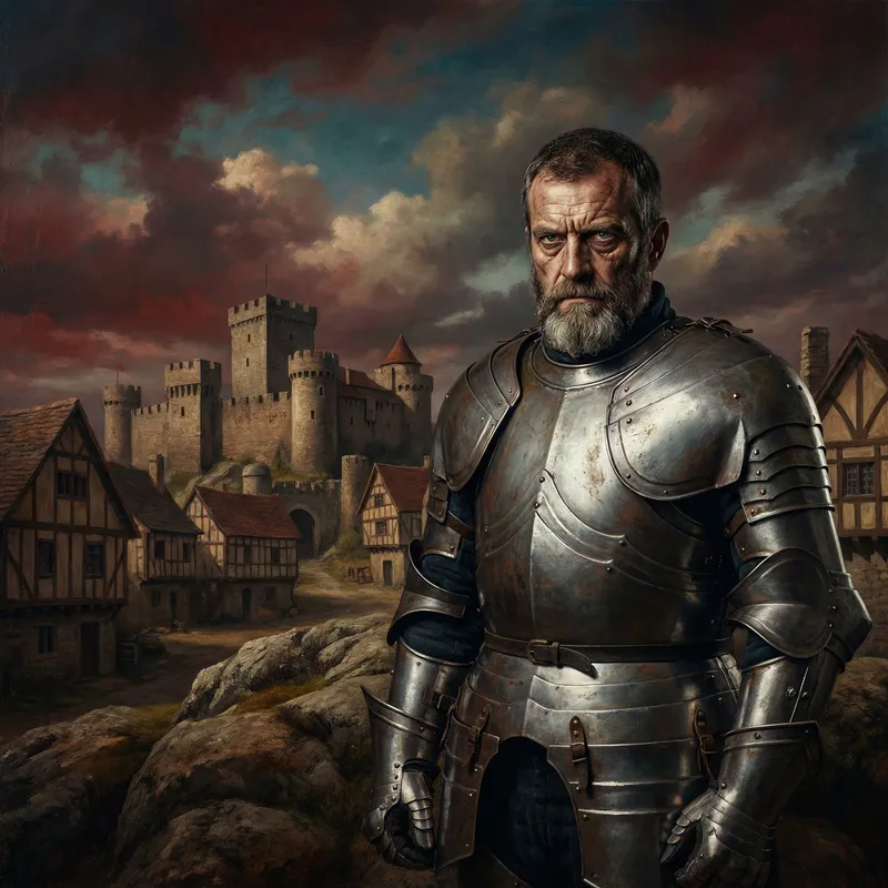 Epic Knight Portrait in Vibrant Medieval Scene | Dark Fantasy Artwork