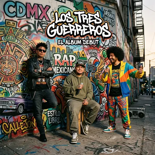 Dynamic Mexican Rappers' Debut Album Cover on Graffiti Wall