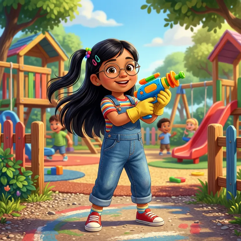 Hispanic Girl with Round Glasses & Toy Gun - Colorful Pixar Style Animation