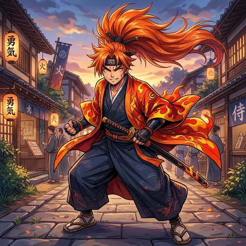 Fiery Anime Character in Traditional Kimono with Flame-Patterned Haori