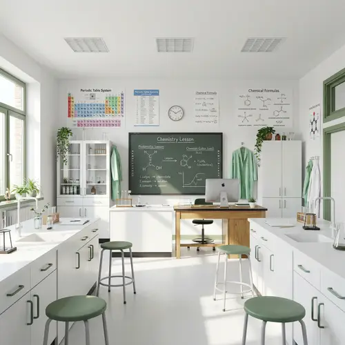 Modern White Chemistry Classroom with Electronic Blackboard