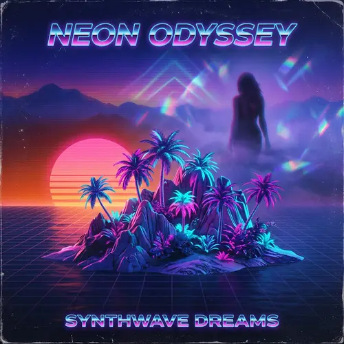 Retro Synthwave-Style Island Album Cover with Enigmatic Woman