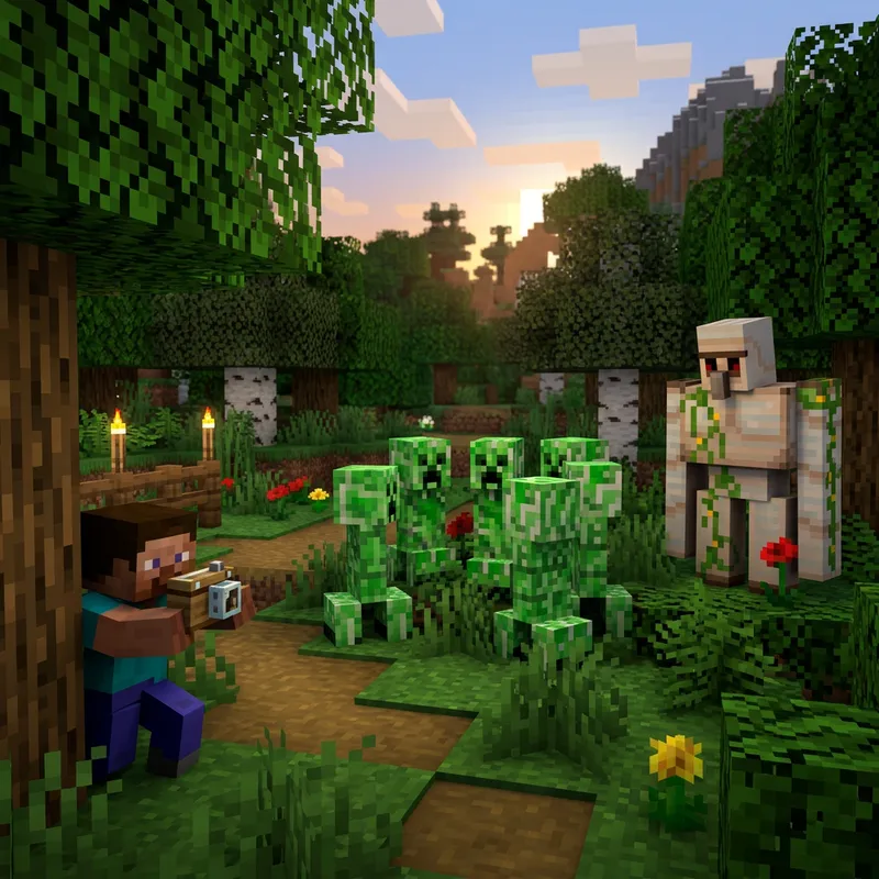 Minecraft Creepers Gathering Scene - Golem Watches, Steve Captures