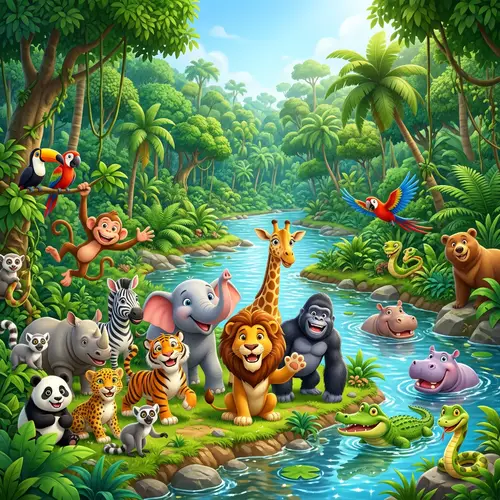 3D Cartoon Jungle Animals with Smiling Faces