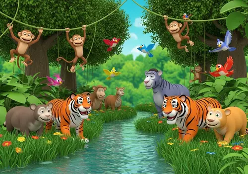 3D Cartoon Jungle Animals with Smiling Faces