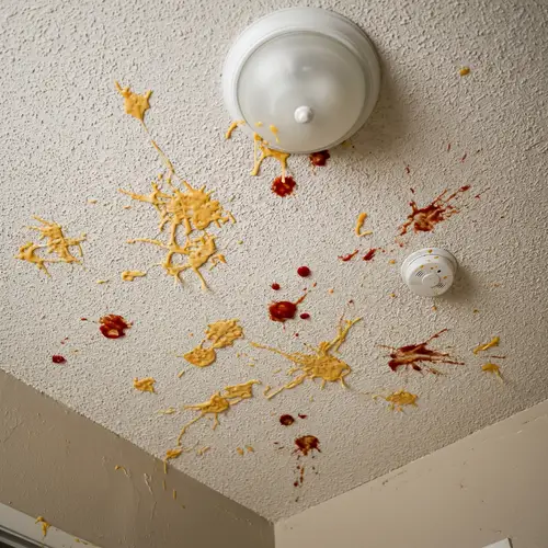 Ceiling Artful Cheese & Ketchup Stains | Indoor Culinary Mishap