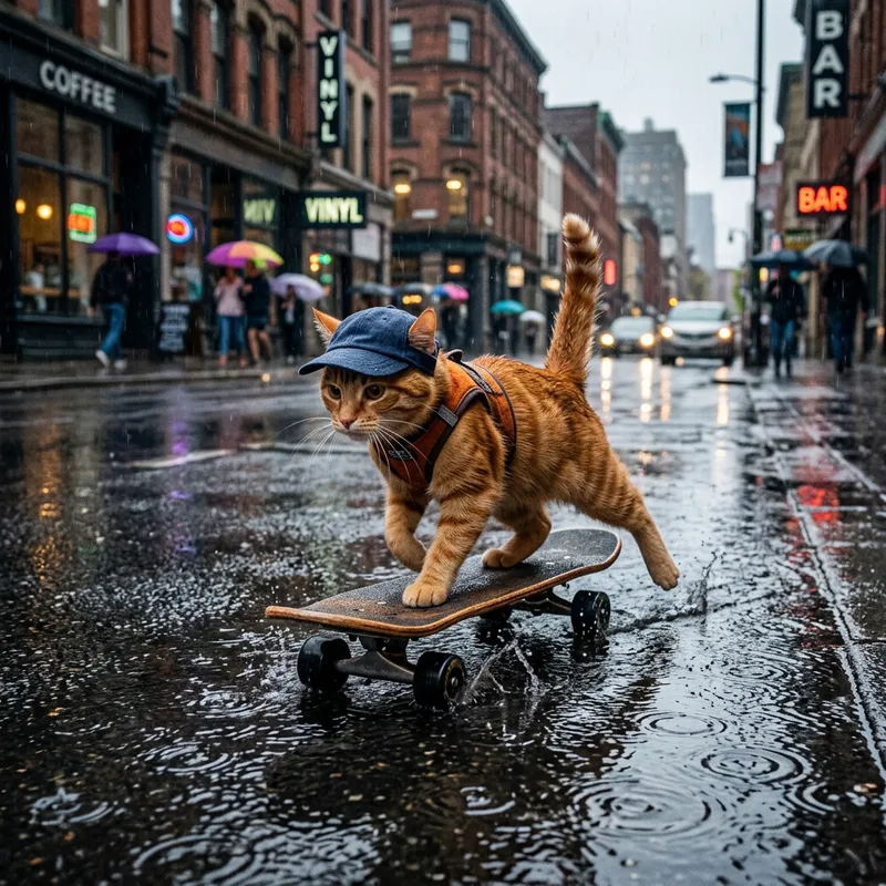 Orange Cat Skateboarding Carefreely in Rain | Urban Setting
