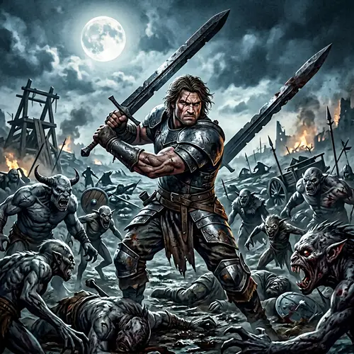 Epic Battle: Muscular Warrior vs Monstrous Creatures