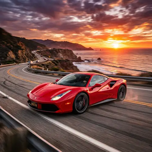 Red Sports Car at Sunset – Thrilling Action Photography