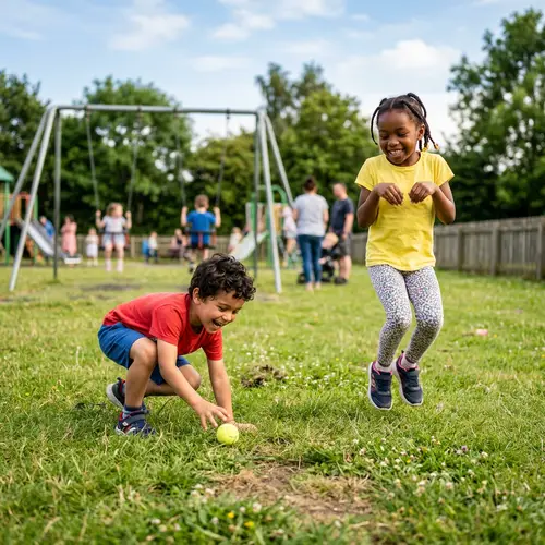 Multicultural Kids, Ages 6-7, Playful Activities on Swings & Field