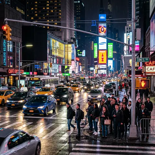 Vibrant Urban Traffic Scene with Cars and Pedestrians