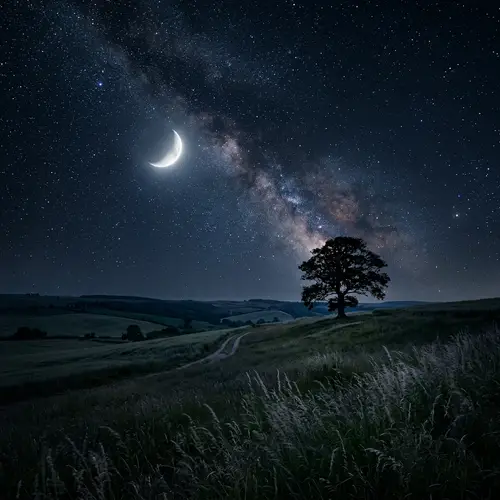 Starry Night Sky with Moon and Serene Landscape