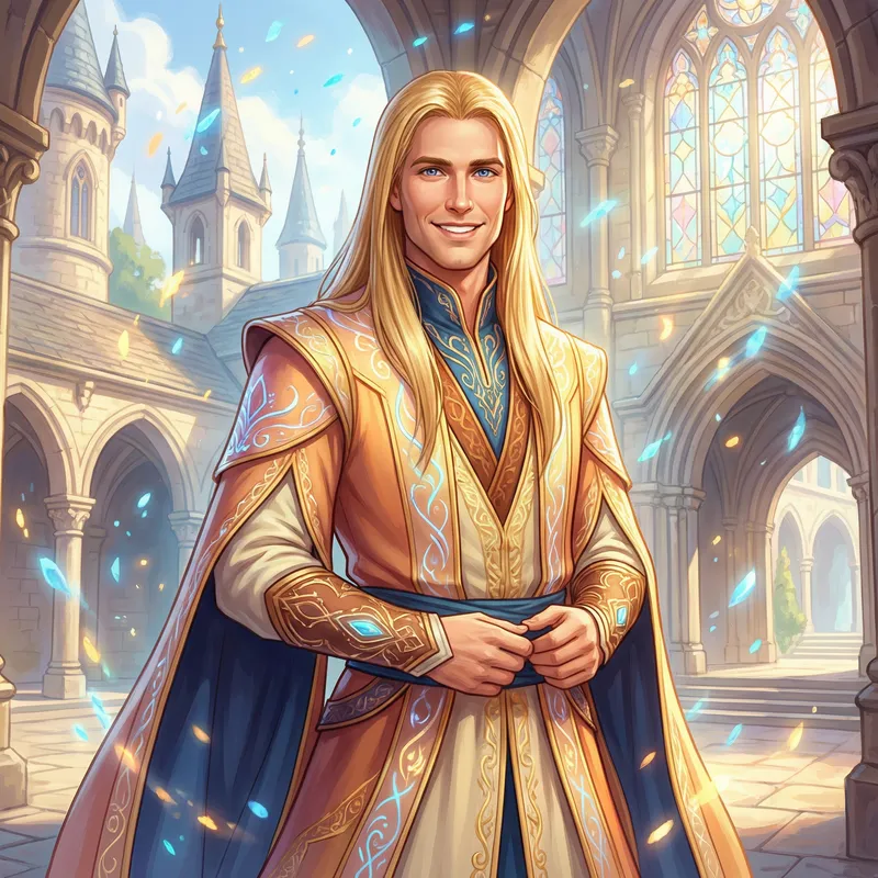 High-Detail Fantasy Illustration: Handsome Male in Vibrant Attire