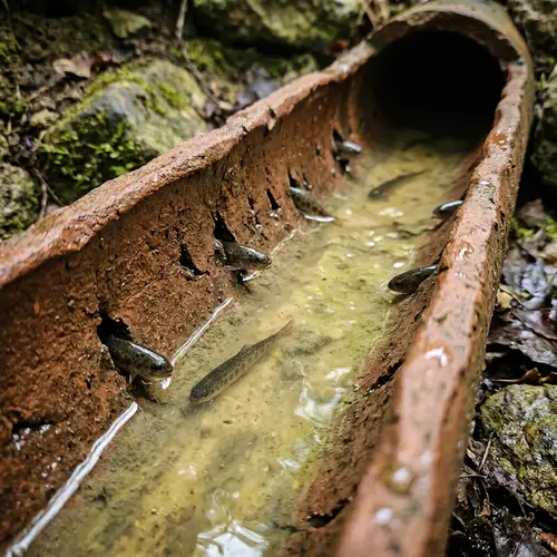 Clay Pipe Leak: Water with Trout in Small Crevices