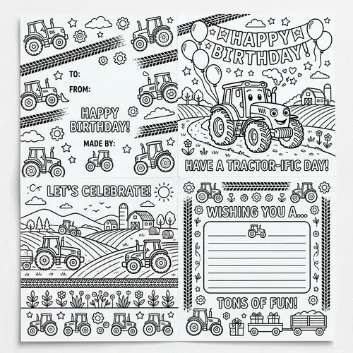 Tractor Themed Birthday Card - Foldable for Coloring Fun