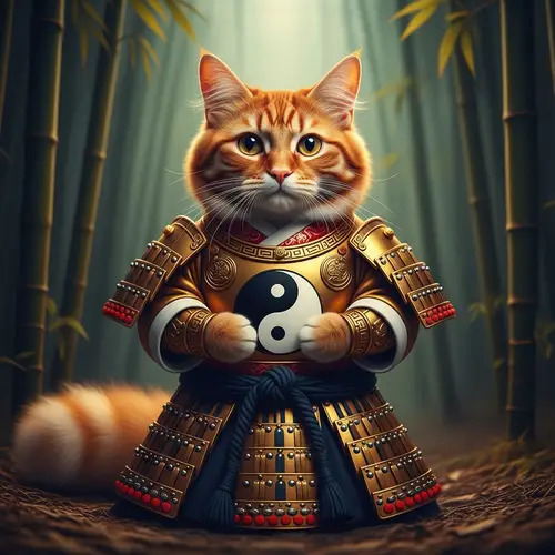 Red Cat in Samurai Outfit Holding Yin Yang Sign