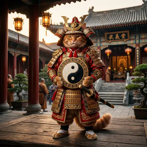 Red Cat in Samurai Outfit Holding Yin Yang Sign
