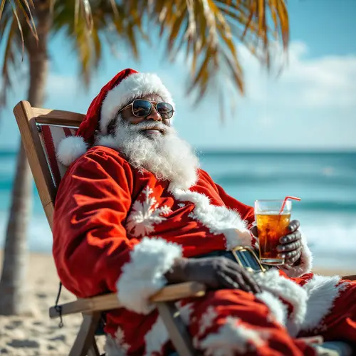 Black Santa Claus Relaxing on the Beach