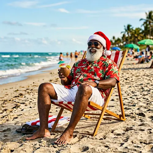 Black Santa Claus Relaxing on the Beach