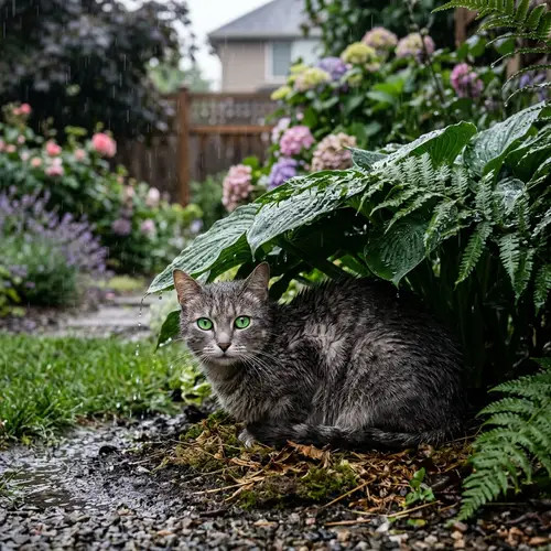 Cat Sheltering Under Leaves During Rainy Day