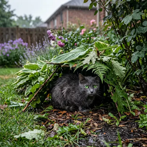 Feline Refuge: Cat Under Leafy Canopy in Rain