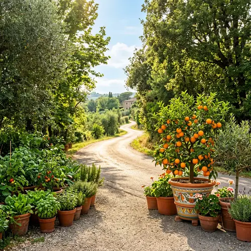 Vibrant Outdoor Scene with Potted Plants and Fruits