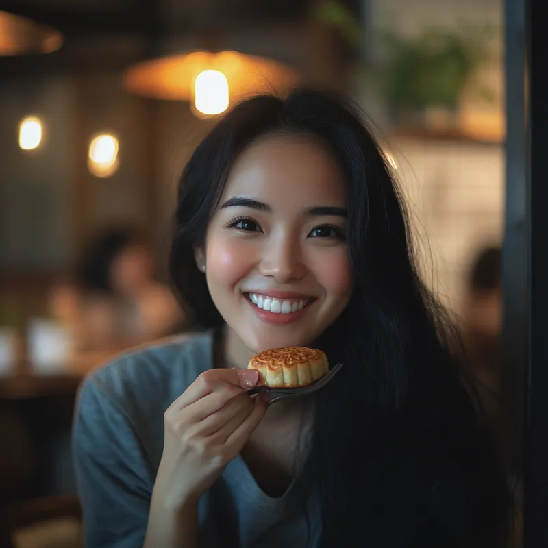 Cinematic Photo of Woman Enjoying Mooncake Cinematic Photo of Woman Enjoying Mooncake