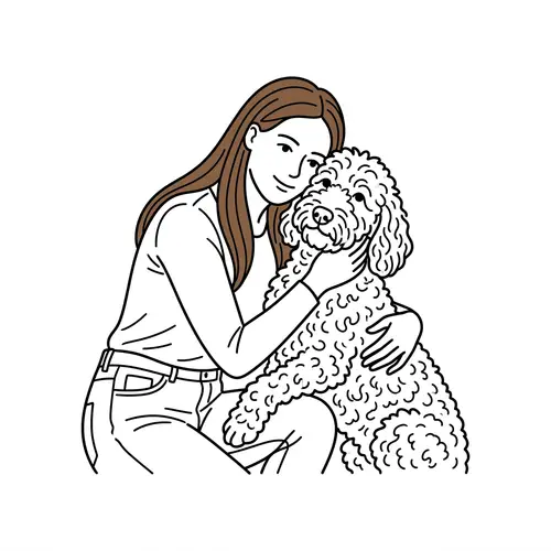 Minimalist Vector Illustration of Young Woman Embracing Adult White Curly Dog