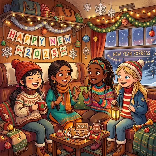 Festive Illustration of Diverse Girls in New Year's Train Compartment