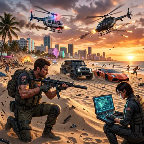 Intense Action Scene with Helicopters and Luxury Cars