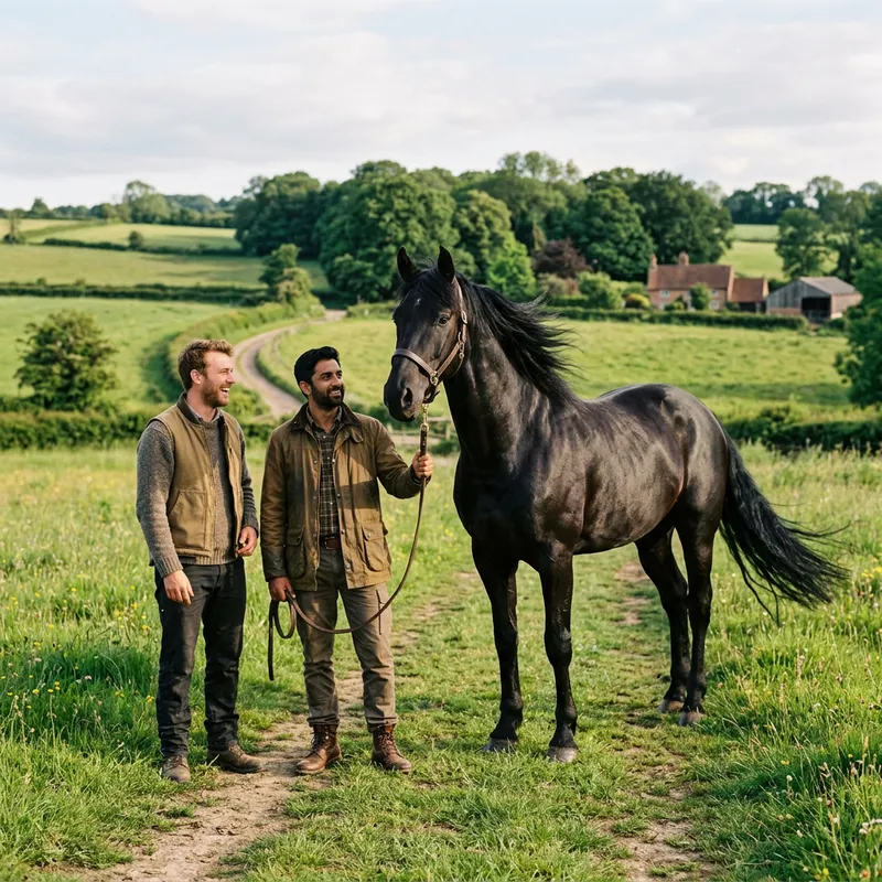 Majestic Horse with Men: Iconic Countryside Moment Majestic Horse with Men: Iconic Countryside Moment