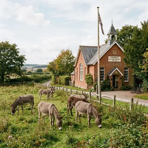 Donkeys Near Old School Building | Country Scene