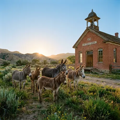 Curious Burros by Old-Schoolhouse | Serene Sunrise Scene