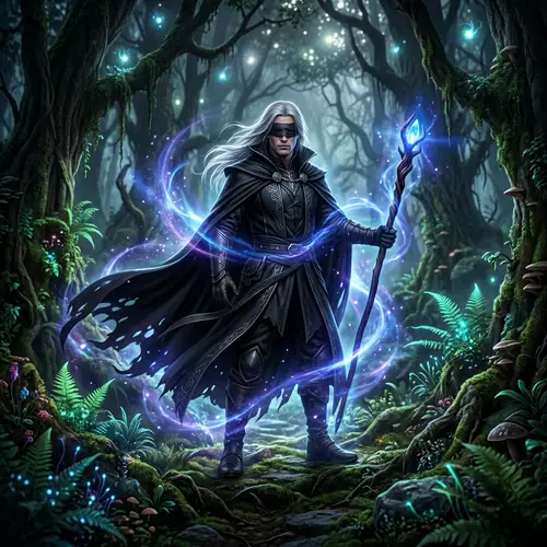 Mystical Silver-Haired Character in Black Cloak